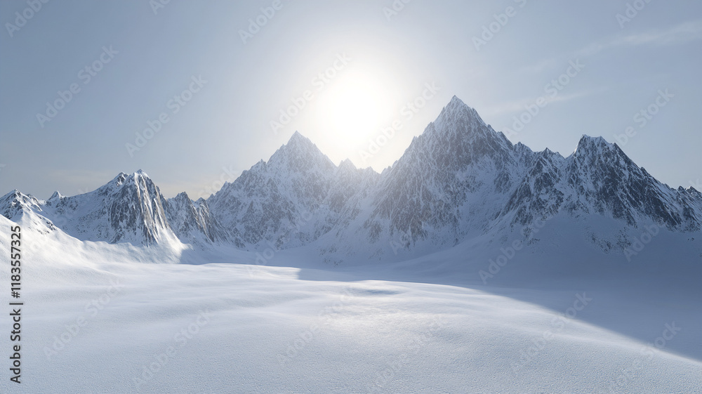 Obraz premium Dreamlike mountain range with bright sunlit peaks in a serene setting 