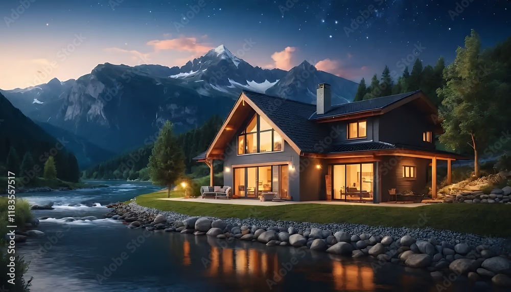 Fototapeta premium Luxury Mountain House at Night: Dream Home by the River with Stunning Mountain Views and Starry Sky - Peaceful Serenity in Nature's Embrace - Architectural Masterpiece, Cozy Retreat, Romantic Getawa