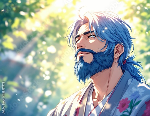 Serene Man with Blue Hair: A Peaceful Anime Illustration photo