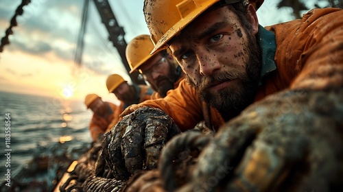 A team of highly skilled offshore workers expertly dismantling an obsolete oil and gas platform their hard hats and protective gear highlighting the industrial setting