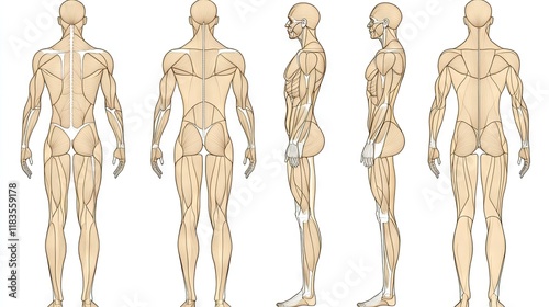 Detailed Human Anatomy Illustrations Showing Posterior, Anterior and Lateral Views of the Muscular System