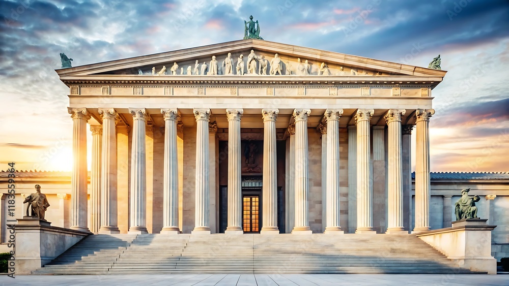 Fototapeta premium A grand building with a central dome and multiple towers, surrounded by columns and intricate architectural details