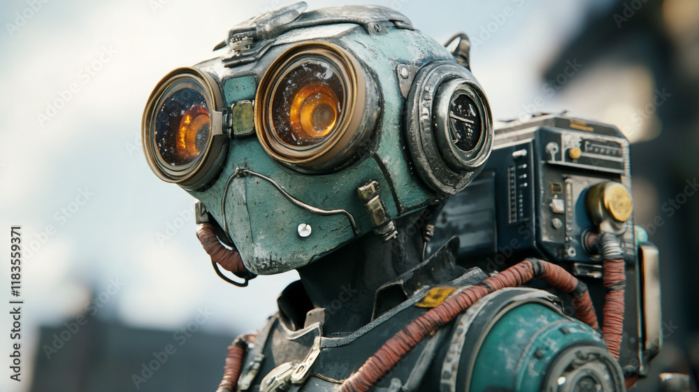 Fototapeta premium Detailed character with vintage tech elements in a cinematic style 