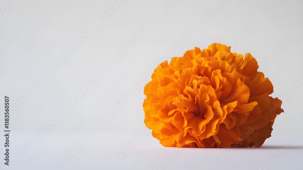 Bright Orange Marigold Flower on a White Background with Soft Shadows, Showcasing Its Vibrant Petals and Unique Texture for Artistic and Natural Themes Bright Orange Marigold Flower on a White Background with Soft Shadows, Showcasing Its Vibrant Petals and Unique Texture for Artistic and Natural Themes