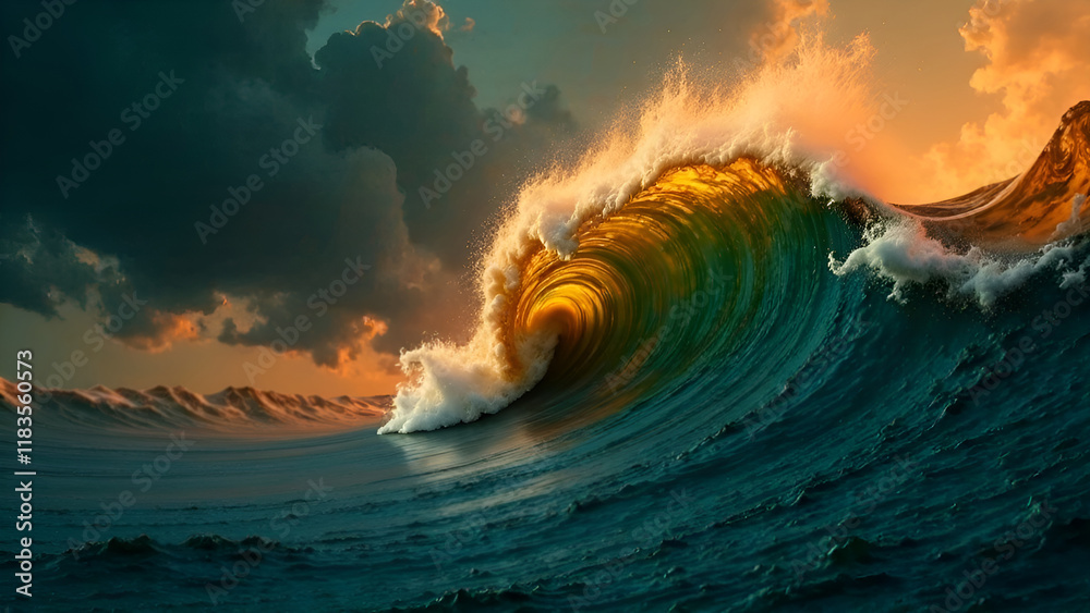 Abstract Background. As the sun sets on the horizon, a large wave is crashing dramatically in the vast ocean, creating a breathtaking view of natures beauty