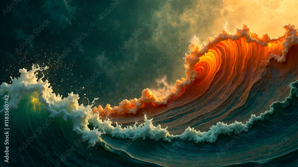 Abstract Background. As the sun sets on the horizon, a large wave is crashing dramatically in the vast ocean, creating a breathtaking view of natures beauty