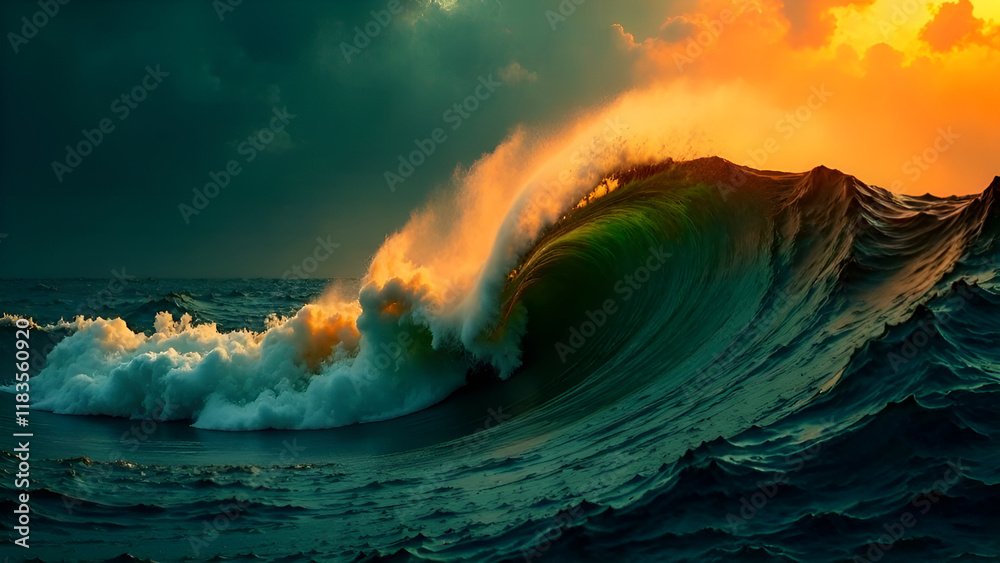 Abstract Background. As the sun sets on the horizon, a large wave is crashing dramatically in the vast ocean, creating a breathtaking view of natures beauty