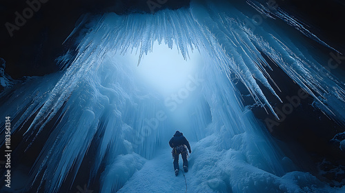 An atmospheric photography of an ice climber navigating a frozen cave, with icicles hanging overhead and dim light filtering through the ice. photo