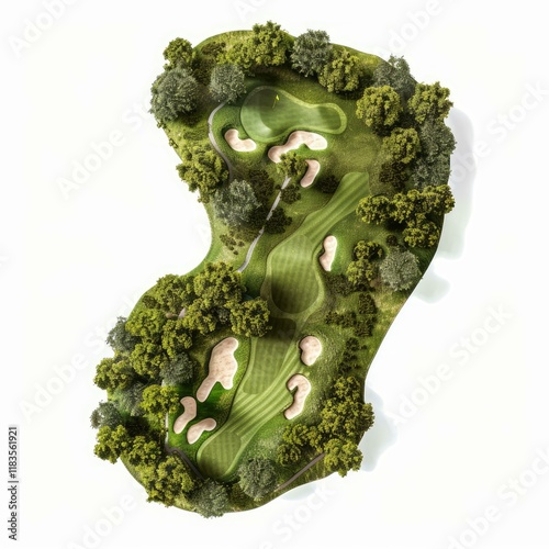 Aerial view of a golf course with bunkers and trees, ideal for a sport or leisure concept