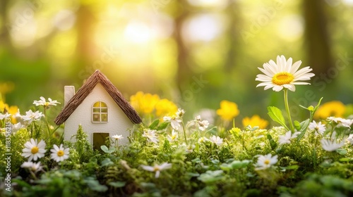 Charming Little House in a Spring Meadow bathed in sunlight