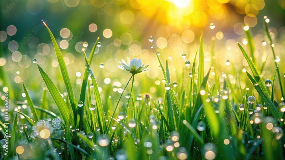 Fototapeta premium Morning dew on lush green spring grass, with sparkling droplets glistening in sunlight, outdoors, flowers, outdoors, flowers, dew