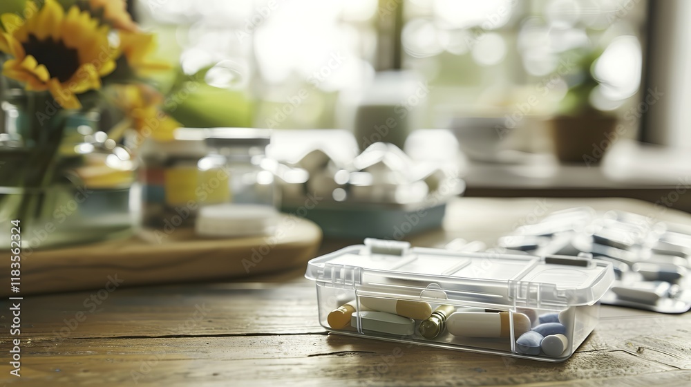 Close-up of a pill organizer on a wooden table with medical supplies, representing daily medication management for chronic illness and health care routines Close-up of a pill organizer on a wooden table with medical supplies, representing daily medication management for chronic illness and health care routines