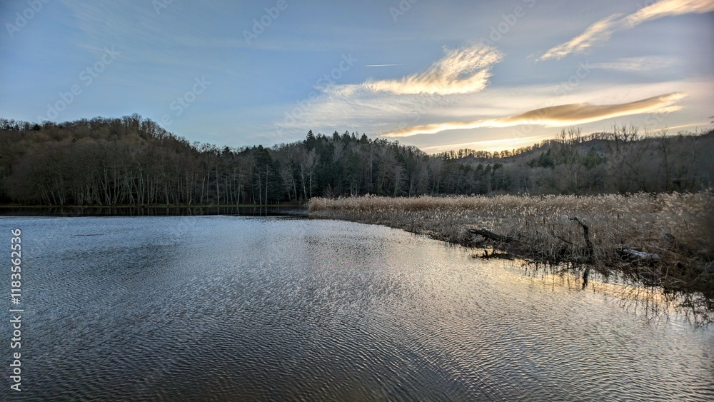 Beautiful autumn winter scenery, lakeside landscape at Trakoscan, Croatia, county hrvatsko zagorje