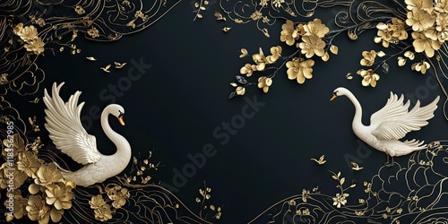 Elegant Swans Amidst Golden Floral Embellishments photo