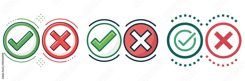 Vector Check Mark and Cross Icons Green and Red Design, Isolated on White Background, Approval, Rejection, Choice, Check mark, Cross, Icon
