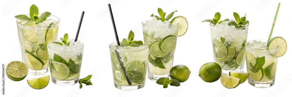 Fototapeta premium Refreshing Mojito Cocktail Composition Five Glasses, Lime, Mint, Isolated on White Background, , Mojito, Cocktail, Drink