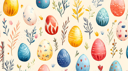 Pattern with watercolor painted Easter eggs and flowers.