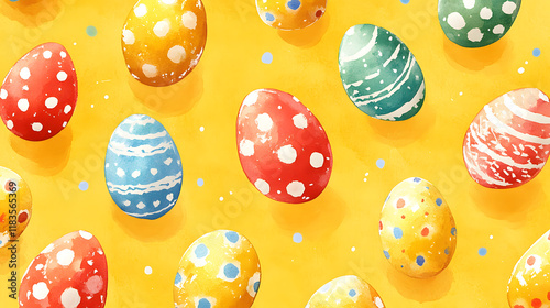 Pattern with Easter eggs of colors on a yellown background photo