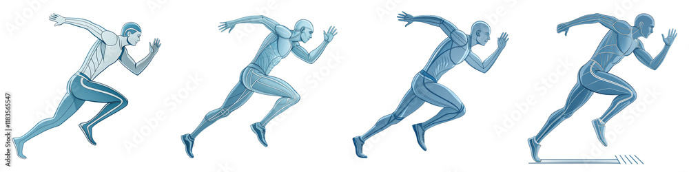 Four Sprinters in Motion Anatomy Illustration Isolated on White Background, Running, Athlete, Sport, Running, Anatomy, Speed Four Sprinters in Motion Anatomy Illustration Isolated on White Background, Running, Athlete, Sport, Running, Anatomy, Speed
