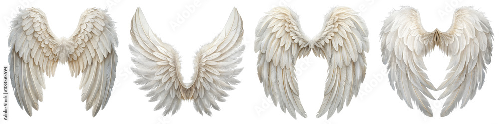 Fototapeta premium Four White Angel Wings, Detailed Feather Texture, Isolated on White Background, Divine Concept, Spiritual Symbolism, Angel wings, feathers, white
