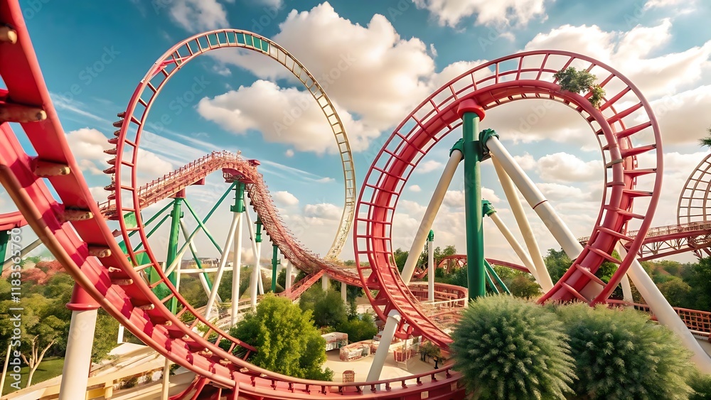 Fototapeta premium A colorful amusement park with multiple roller coasters and rides against a cloudy sky