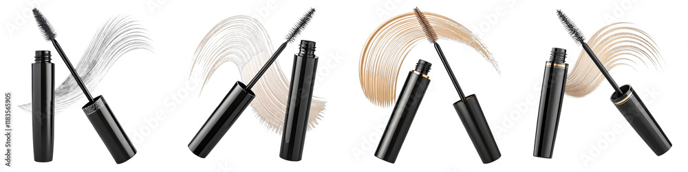 Naklejka premium Four Mascaras with Swatch Isolated on White Background, Makeup, Cosmetics, Mascara, Cosmetics, Beauty