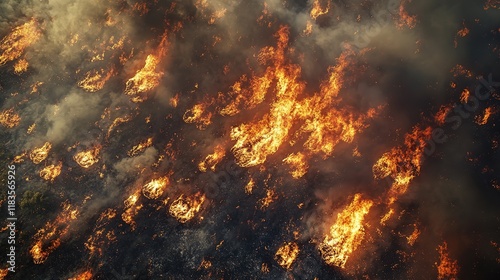 aerial view of wildfire burning in wide area with flame fire and smoke 