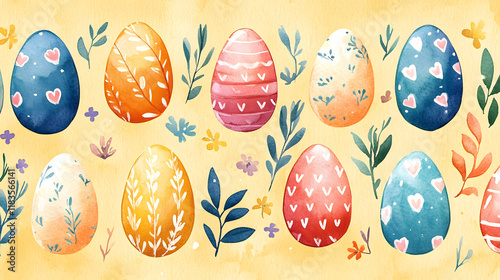 Pattern with watercolor painted Easter eggs and flowers.