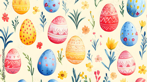 Pattern with watercolor painted Easter eggs and flowers.