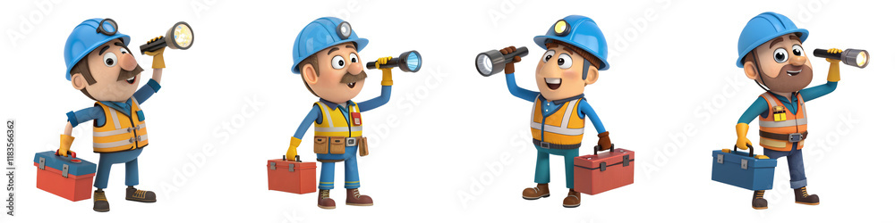 Four Cartoon Workers with Flashlights, Toolboxes, Isolated on White Background, 3D Render, Illustration, Cartoon, Worker, 3D Render Four Cartoon Workers with Flashlights, Toolboxes, Isolated on White Background, 3D Render, Illustration, Cartoon, Worker, 3D Render