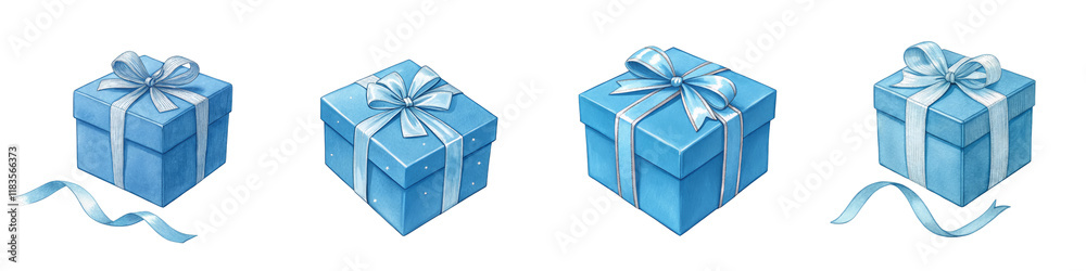 Four Blue Gift Boxes with Bows, Watercolor Illustration Isolated on White Background, Present Collection, Gift, Boxes, Watercolor