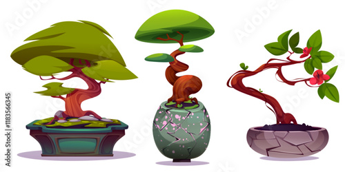 Bonsai trees set isolated on white. Vector cartoon illustration of exotic green plants with flowers and curvy branches in stone and ceramic vases, traditional Japanese gardening art, landscape design