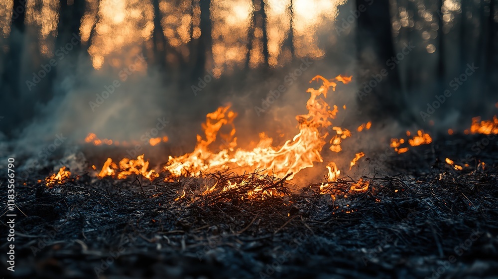 fire flame burning on black soil ground, wildfire fire flame burning on black soil ground, wildfire