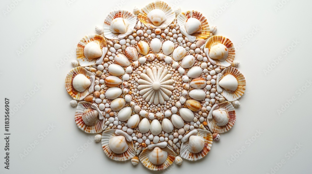 Symmetrical mandala made of seashells and stones on white surface Symmetrical mandala made of seashells and stones on white surface