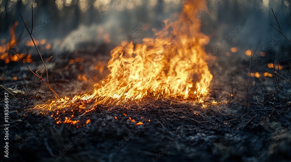 fire flame burning on black soil ground, wildfire fire flame burning on black soil ground, wildfire
