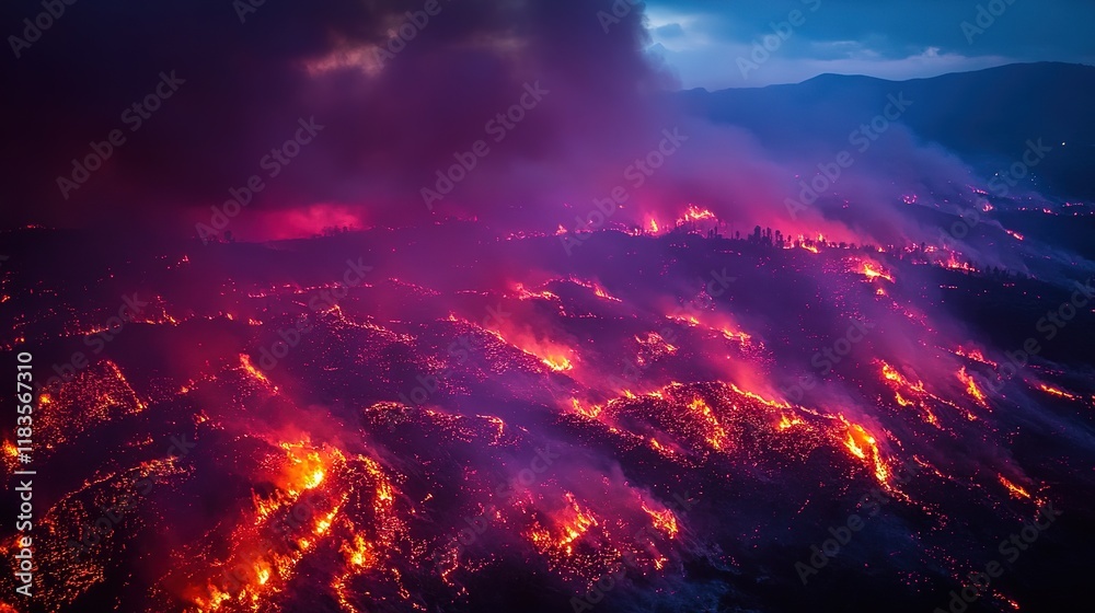 Naklejka premium aerial view of wildfire burning in wide area with flame fire and smoke 