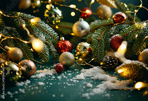 Seamless decorative christmas border with coniferous branches and garlands of christmas lights and o