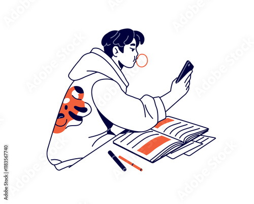 Lazy student scrolls social networks in smartphone instead learning. Boy communicates online by phone while studying. Procrastination in education. Flat isolated outline vector illustration on white