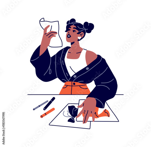 Happy fashion designer, dressmaker creates trendy clothes. Talented tailor holds drawing on paper stylish designs of dresses. Creative profession. Flat isolated outline vector illustration on white