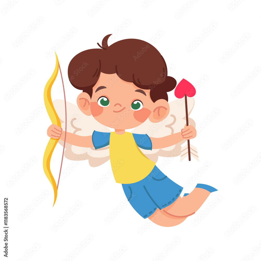 Preschool boy with wings, bow and arrows. Boy Cupid on white background. Vector character for Valentine's Day Preschool boy with wings, bow and arrows. Boy Cupid on white background. Vector character for Valentine's Day