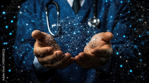 Doctor's Hands Holding a Glowing Digital Network Representing Global Healthcare