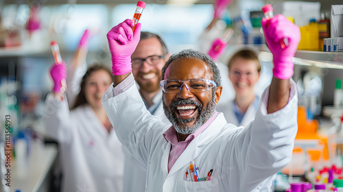 World Cancer Day research wellness concept. Happy scientists celebrating success in a laboratory, wearing gloves and lab coats.