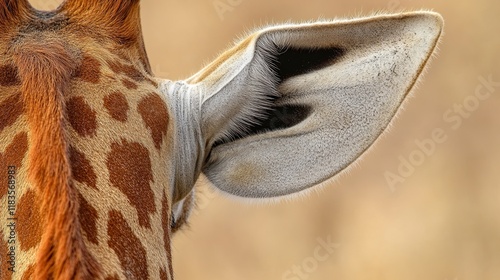Giraffe ears close-up, savanna background, wildlife detail, nature photography.