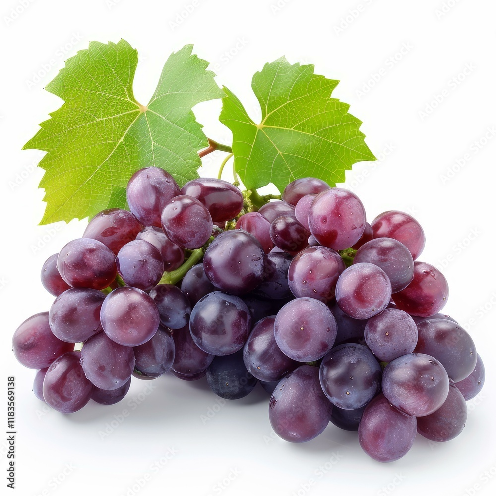 Fototapeta premium Fresh ripe red grapes with leaves isolated on white background