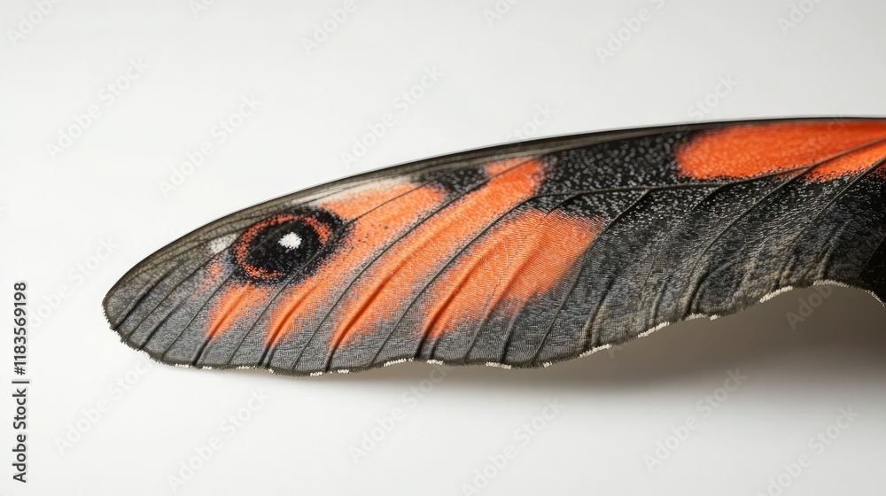 Close-up of a butterfly wing showcasing intricate details and vibrant orange and black patterns
