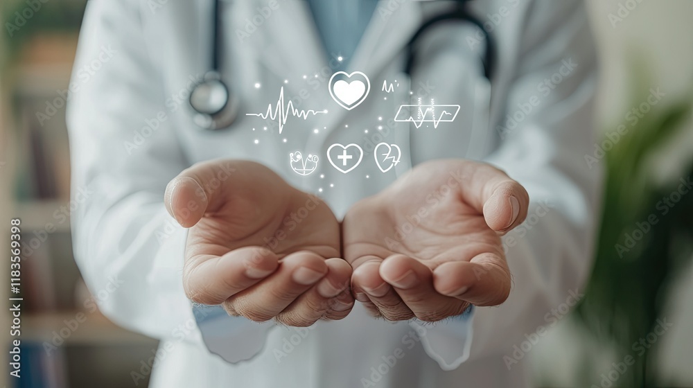 Doctor's Hands Holding Holographic Medical Symbols Doctor's Hands Holding Holographic Medical Symbols