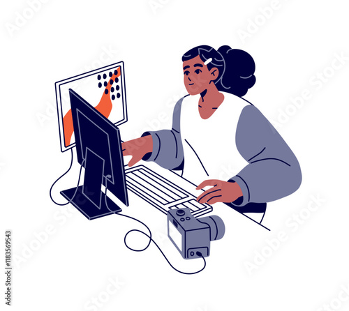 Photographer uploads photos from camera on the desk. Talented girl downloads photographies on computer for work. Creative profession. Flat isolated contour vector illustration on white background