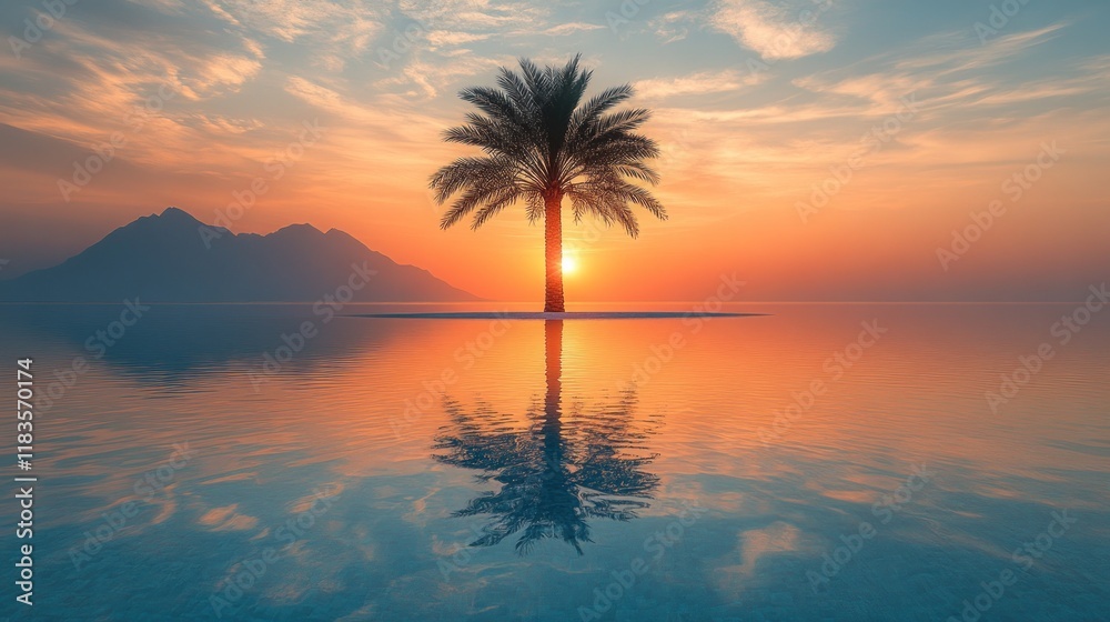 Obraz premium Solitary palm tree silhouetted against a vibrant sunset reflecting in calm water, with mountains in the background.