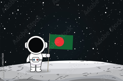 Bangladesh astronaut landed on moon and hold flag of Bangladesh in his hand. Vector illustration.