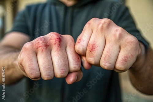 bruised fist in fighting stance. Violence and injury photo